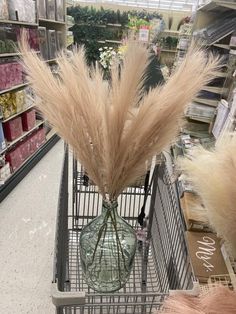 a shopping cart with some dried grass in it