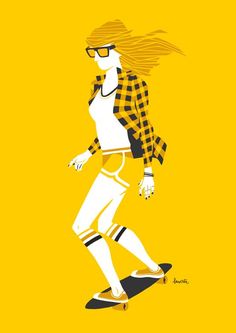 a woman riding a skateboard on top of a yellow background with her hair blowing in the wind