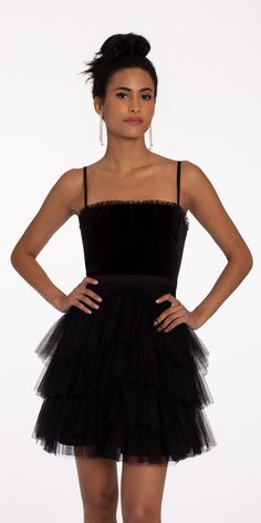 Camille La Vie Velvet Tiered Mesh Fit and Flare Dress Homecoming 2023, Black Women Dress, Steal The Spotlight, Glitter Sandals, The Velvet, Petite Dresses, Party Event, Tulle Dress, Fitted Bodice