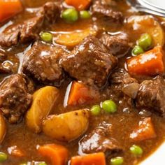 a white bowl filled with beef stew and carrots