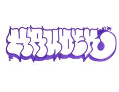 graffiti written in purple ink on a white background