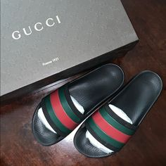 Style 308234 Gib10 1098 - 100% Authentic Black Rubber Sole With Green And Red Web Rubber Strap Gucci Logo Embossed On The Sole Made In Italy *Ships In Original Gucci Box With Receipt For Authenticity If Desired *No Longer Available On The Gucci Website. These Will Be Vintage Gucci Box, Red Web, Shoes Gucci, Gucci Logo, Green And Red, Gucci Black, Gucci Shoes, Black Rubber, Slide Sandals