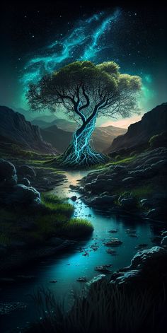 an artistic painting of a tree in the middle of a river under a night sky filled with stars