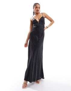 Dresses by Bardot Coming soon to your IG feed Polka-dot print Plunge neck Adjustable straps Tie-back fastening Regular fit Ig Feed, Prom Dress Shopping, Winter Party Dress, Satin Maxi, Satin Maxi Dress, Satin Slip Dress, Maxi Dress Trend, Black Polka Dot, Prom Party Dresses