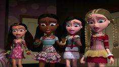 three cartoon girls are standing together in a room