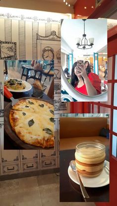 there is a collage of pictures with pizzas on the table and in front of them