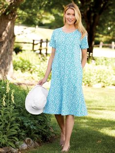 A Cool, Easy Style In Wrinkle-Resistant Cotton Knit That's Great for Traveling, Too Comfortable Spring Daywear Dresses, Comfortable Daywear Dresses For Spring, Comfortable Summer Daywear Dresses, Comfortable Spring Vacation Dresses, Casual Floral Print Midi Dress In Relaxed Fit, Casual Floral Print Midi Dress Relaxed Fit, Casual Floral Print Midi Dress, Vermont Country Store, Free Dress