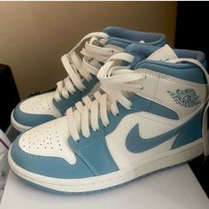 Brand New, Never Been Worn Still In Box, Women Size 5.5, Air Jordan In Color Blue Blue High-top Sneakers With Round Toe, Light Blue High-top Sneakers With Round Toe, Blue High-top Sneakers With Cushioned Footbed, Blue Lace-up Custom Sneakers, Light Blue Leather High-top Sneakers, Light Blue Leather Lace-up High-top Sneakers, Blue Leather High-top Sneakers With Round Toe, Air Jordan Blue, Air Jordan Low