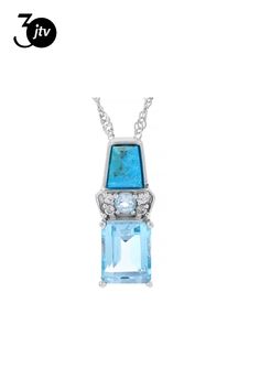 3.15ct Rectangular Octagonal And 0.12ctw Round Glacier Topaz���, Freeform Cabochon Composite Turquoise With .07ctw Zircon Rhodium Over Sterling Silver Pendant With Singapore Chain. Measures Approximately 1"L x 0.39"W. 3.5mm bail. Lobster clasp with 2"extender. Accents stone primarily zircon. This product contains composite turquoise. This means separate pieces of turquoise were bound together. Fine Jewelry With Rectangular Gemstone Accents, Fine Jewelry With Gemstone Accents Rectangular Shape, Octagon Diamond Jewelry With Gemstone Accents, Elegant Octagon Aquamarine Jewelry, White Gold Octagon Blue Topaz Jewelry, Diamond Jewelry With Rectangular Gemstone Accents, Elegant Blue Topaz Octagon Jewelry, Elegant Octagon Blue Topaz Jewelry, Elegant Turquoise Jewelry With Center Stone