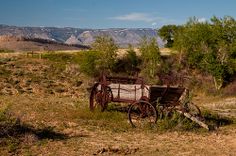 an old wagon sitting in the middle of nowhere