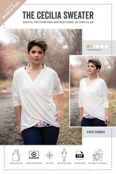 the cecilia sweater sewing pattern is available in two sizes and includes an asymmetric