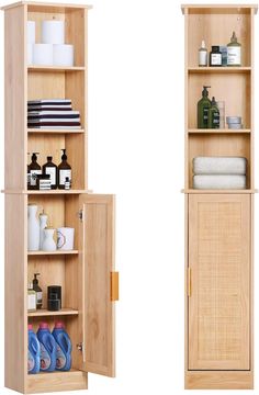 two open wooden shelves with towels and other items on top of them, one in the shape of a cabinet