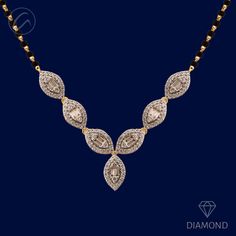 This 18K gold Mangal Sutra weighs 9.5 grams and features a dazzling marquise flower design. Crafted in yellow gold, it is embellished with diamonds weighing a total of 1.05ct, in G-H color and VS quality. The diamonds, a mix of round and baguette cuts, add a multifaceted sparkle. The necklace is 20.5 inches long with a 0.75-inch drop, and includes 1 inch of adjustable links. A hook lock secures it elegantly, while the black beads interspersed add traditional charm to this luxurious piece. PRODUC Luxury Gold Marquise Cut Necklace, Gold Diamond Necklace With Marquise Cut, Gold Marquise Cut Diamond Necklace, Gold Marquise Diamond Necklace For Formal Events, Elegant Gold Diamond Necklace With Diamond Eyes, Gold Diamond Necklace Marquise Cut For Anniversary, Marquise Diamond Necklace In Yellow Gold, Gold Pear-shaped Diamond Necklace For Wedding, Gold Marquise Cut Diamond Necklace For Anniversary