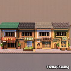 💾 Available for Download Now! 💾  Welcome to Leiram Street, a quaint little street with four shop fronts with apartments on top. This street contains a hotpot store, fresh fruit and veg, book store and tea store/cafe, as well as a quaint popcorn stand out the back!. Each apartment ontop has a small but decorated interior. Minecraft Shop House, Bloxburg Small Restaurant, Building Minecraft Ideas, Minecraft Food Court, Minecraft Marketplace Ideas, Minecraft Gas Station Ideas, Minecraft Building Shop, Town Builds Minecraft, Minecraft Dye Shop