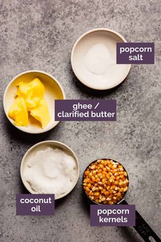 the ingredients to make this recipe include coconut oil, ghee, clarified butter, and popcorn kernels