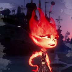 a cartoon character with red hair wearing a tie and standing in front of a graveyard