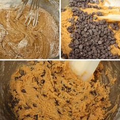 the process for making chocolate chip cookies is shown in three different pictures, including mixing batter and cookie crumbs