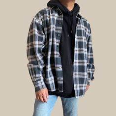 Men Hoodie Flannel Outfits, Blue And Grey Flannel Outfit, Hoodie Under Flannel Men, Flannels Mens Outfit, Men Blue Flannel Outfit, Flannel Shirt Aesthetic Men, Guy Outfits Flannel, Guys Hoodie Outfit, Flannel For Men