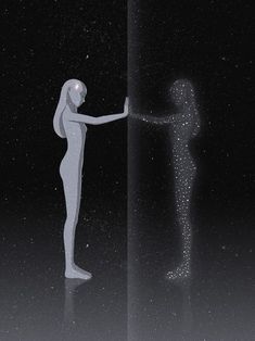 two people standing in the dark touching each other's hands with stars on them