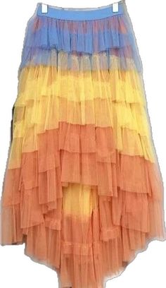 Party Maxi Skirt With Ruffles, Multicolor Tulle Skirt For Summer, Layered Long Skirt For Party, Summer Asymmetrical Tulle Dress, Summer Asymmetrical Tulle Skirt Dress, Layered Skirt For Spring Party, Asymmetrical Tulle Skirt For Summer, Layered Tiered Skirt For Party, Tulle Maxi Skirt With Ruffles