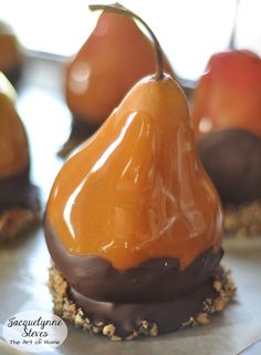 chocolate covered pears with caramel on top