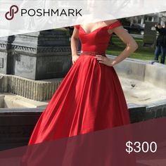 Red Satin Formal Evening Dress, Red Ball Gown For Gala, Red Cocktail Gown For Prom Season, Red Ball Gown For Formal Occasions, Red V-neck Cocktail Gown, Red Fitted Cocktail Gown, Red Formal Floor-length Dresses, Red Floor-length Formal Dresses, Red Evening Gown For Spring