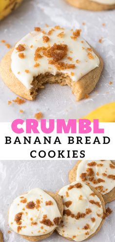 two images with the words crumbl banana bread cookies on top and in between