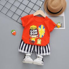 2-piece Cartoon Design T-shirt & Shorts for Children Boy - PrettyKid Summer Cartoon Print Top For Playwear, Cotton Sets With Graphic Print For Summer, Cartoon Print Tops For Summer Playwear, White Short Set For Playtime In Summer, Casual Sets For Playtime In Summer, Letter Print Tops For Summer Playwear, Summer Playwear Tops With Letter Print, Casual Summer Short Set For Playtime, Summer Tops With Letter Print For Playwear