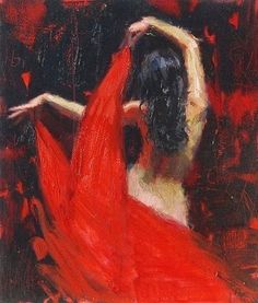 a painting of a woman in a red dress with her hands behind her back, dancing