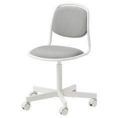 an office chair with wheels on the back and seat upholstered in grey fabric