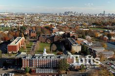 an aerial view of the campus and surrounding buildings