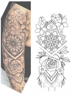 a woman's arm with tattoos and flowers on the side, next to an image of