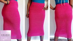 two pictures of a woman wearing a pink skirt and blue top with her hands in her pockets