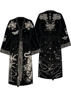 The Sophia Black Magic Kimono Dress is the perfect boho style for any occasion. Made from smooth, luxurious viscose fabric, this dress features a flattering V-neckline, wide kimono-style sleeves, and a gathered waist that accentuates your figure. Its relaxed fit exudes sophistication and is adorned with various prints, including butterflies, palm trees, and stars. With a playful slogan on the back, this dress will turn heads. Jeans Long Skirt, Sophia Black, Hemant And Nandita, Long Linen Dress, Linen Scarves, St Barth, Kimono Style, Kimono Dress, Viscose Fabric