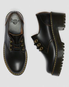 Leona Lo Vintage Smooth Leather Heeled Shoes in Black | Dr. Martens Dr Martens Leona, Academia Shoes, Hiker Style, Bridal Sneakers, Dr Martens Black, Leather Lace Up Boots, Dr Martens Shoes, Martens Shoes, Black Vintage