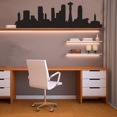 a white chair sitting in front of a desk with drawers and shelves on the wall