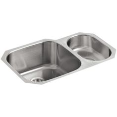 stainless steel double bowl kitchen sink with two drain holes on the left and right side