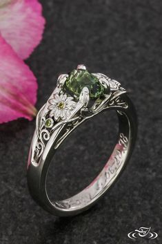 Green Flower Engagement Ring, Cottagecore Aesthetic Wedding Ring, Custom Design Engagement Ring, Green Jewellery Aesthetic, Wedding Ring Flower Design, Green Wedding Ring Aesthetic, Midevil Engagement Rings, Bug Wedding Rings, Green Lake Jewelry Works