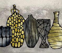 four vases are lined up in a row on a gray background, one is yellow and the other is black