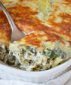 a close up of a casserole with broccoli and cheese