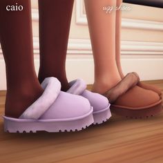 two people standing next to each other wearing slippers