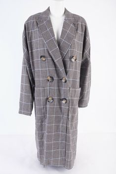 NWT ZARA SS18 LONG CHECKED Plaid DOUBLE-BREASTED COAT JACKET  size: Medium Gray Blue Houndstooth Plaid 761/050 Flowing coat with lapel collar and long sleeves. Features front patch pockets, back vent in the center of the hem, contrasting interior lining, and double-breasted button fastening in the front.  OUTER SHELL 55% linen, 45% cotton  LINING  100% polyester pit to pit- 22.5" sleeve- 31" neck to cuff  length- 44" Linen Jacket, Double Breasted Coat, Tag Sale, Lapel Collar, Jacket Coat, Vest Jacket, Double Breasted, Blue Grey, Casual Button Down Shirt