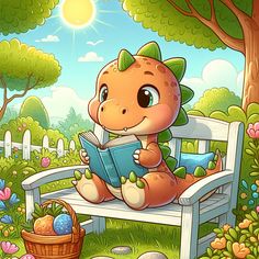 a cartoon dinosaur sitting on a bench reading a book