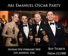 four men in tuxedos holding their oscars and posing for the camera at an event