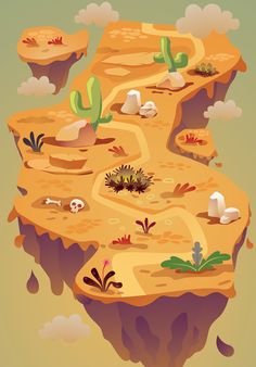 an illustration of a desert landscape with plants and rocks