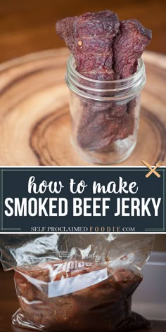 smoked beef in a jar with the words smoked beef jerry on it and an image of some