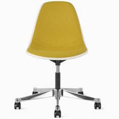 an office chair with wheels and a yellow seat cover on the back of it, against a white background