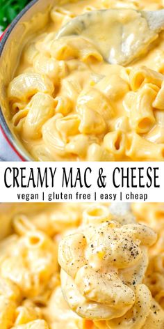 creamy mac and cheese is in a red pot with a ladle full of it