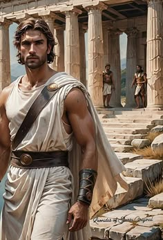 a man dressed in roman clothing standing next to some ruins