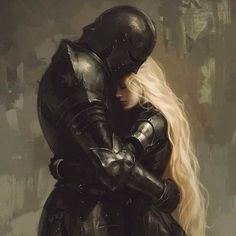 a painting of a woman in armor hugging a man with long blonde hair wearing a helmet